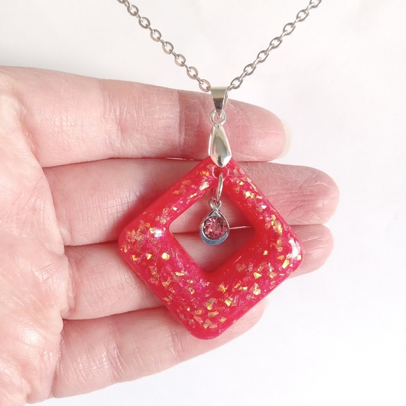 Deep pink faux opal diamond shaped pendant cz charm on 20" silver necklace new - Picture 2 of 5